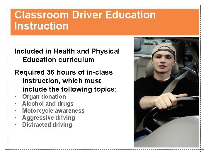 Classroom Driver Education Instruction Included in Health and Physical Education curriculum Required 36 hours