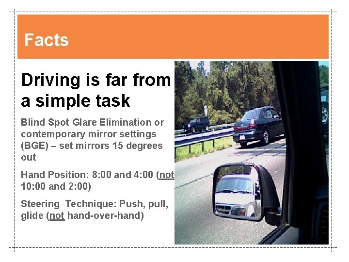 Facts Driving is far from a simple task Blind Spot Glare Elimination or contemporary