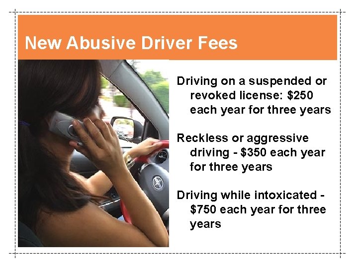 New Abusive Driver Fees Driving on a suspended or revoked license: $250 each year