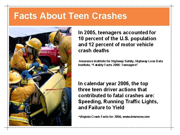 Facts About Teen Crashes In 2005, teenagers accounted for 10 percent of the U.