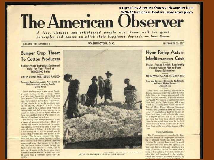 A copy of the American Observer Newspaper from 9/20/37 featuring a Dorothea Lange cover