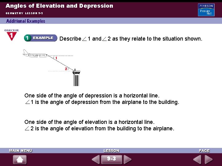 Angles of Elevation and Depression GEOMETRY LESSON 9 -3 Describe 1 and 2 as