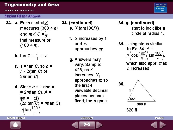 Trigonometry and Area GEOMETRY LESSON 9 -5 34. a. Each central 34. (continued) measures