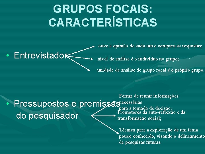 GRUPOS FOCAIS: CARACTERÍSTICAS ouve a opinião de cada um e compara as respostas; •