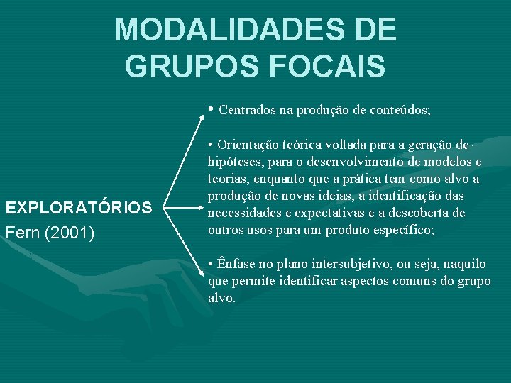 MODALIDADES DE GRUPOS FOCAIS • Centrados na produção de conteúdos; EXPLORATÓRIOS Fern (2001) •