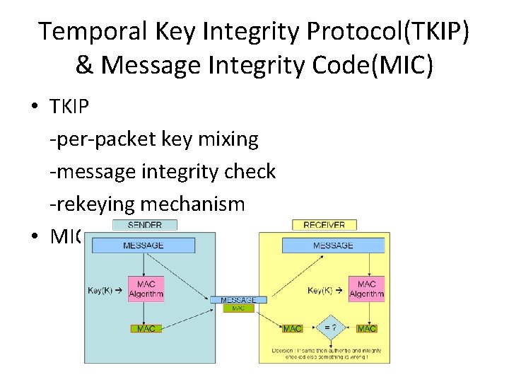 Temporal Key Integrity Protocol(TKIP) & Message Integrity Code(MIC) • TKIP -per-packet key mixing -message