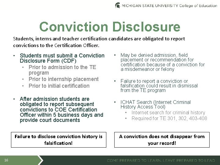 Conviction Disclosure Students, interns and teacher certification candidates are obligated to report convictions to