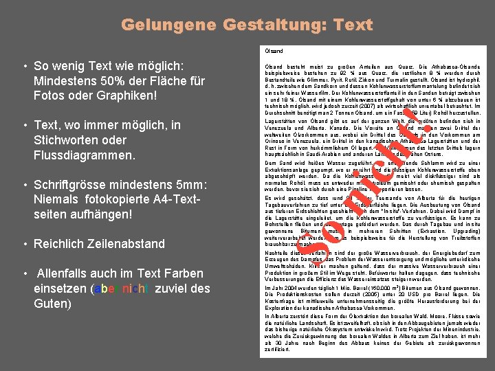 Gelungene Gestaltung: Text Ölsand • Reichlich Zeilenabstand • Allenfalls auch im Text Farben einsetzen