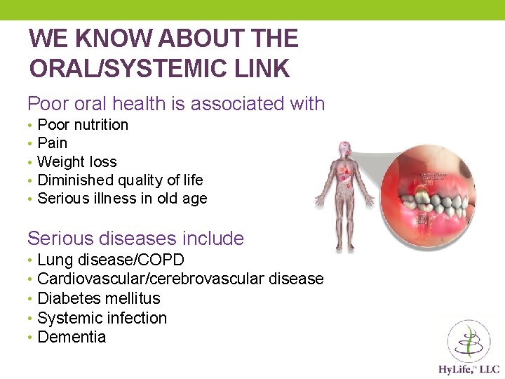 WE KNOW ABOUT THE ORAL/SYSTEMIC LINK Poor oral health is associated with • •