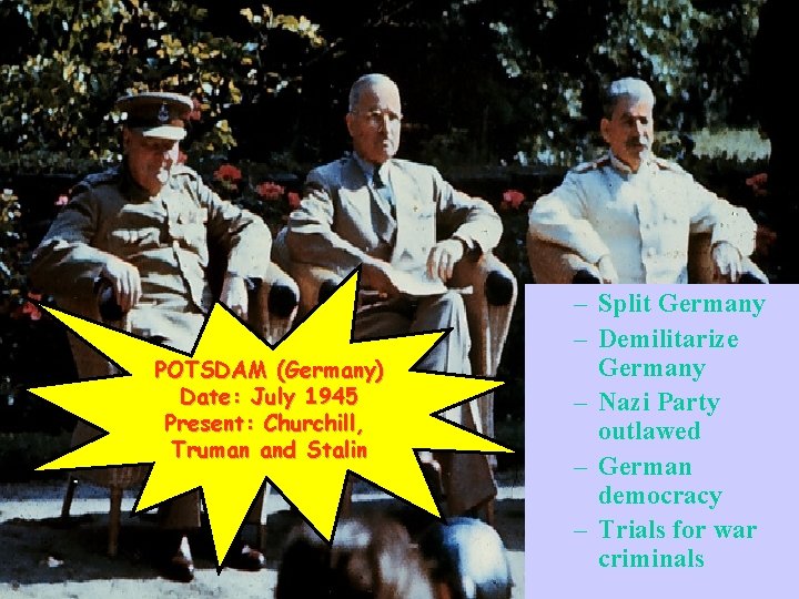 POTSDAM (Germany) Date: July 1945 Present: Churchill, Truman and Stalin – Split Germany –