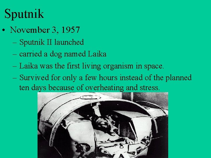 Sputnik • November 3, 1957 – Sputnik II launched – carried a dog named