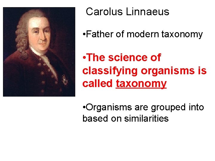 Carolus Linnaeus • Father of modern taxonomy • The science of classifying organisms is