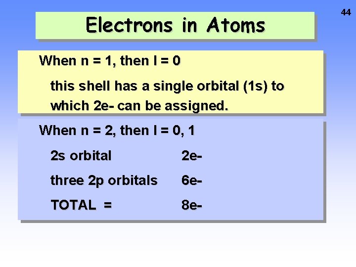 Electrons in Atoms When n = 1, then l = 0 this shell has