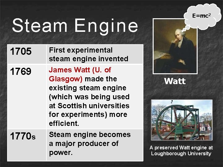 E=mc 2 Steam Engine 1705 First experimental steam engine invented 1769 James Watt (U.