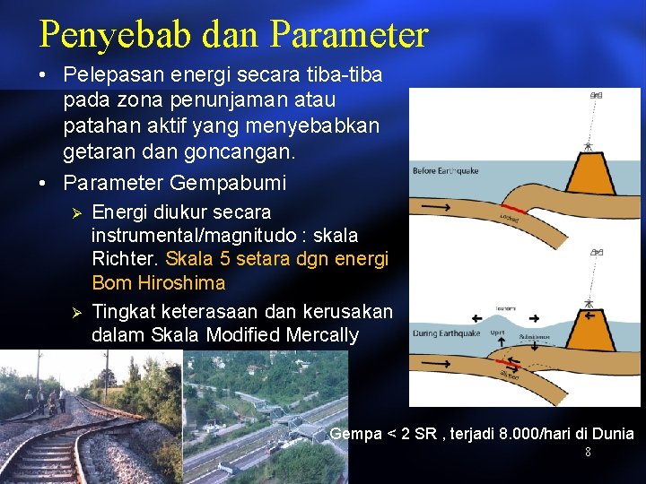 Penyebab dan Parameter • Pelepasan energi secara tiba-tiba pada zona penunjaman atau patahan aktif