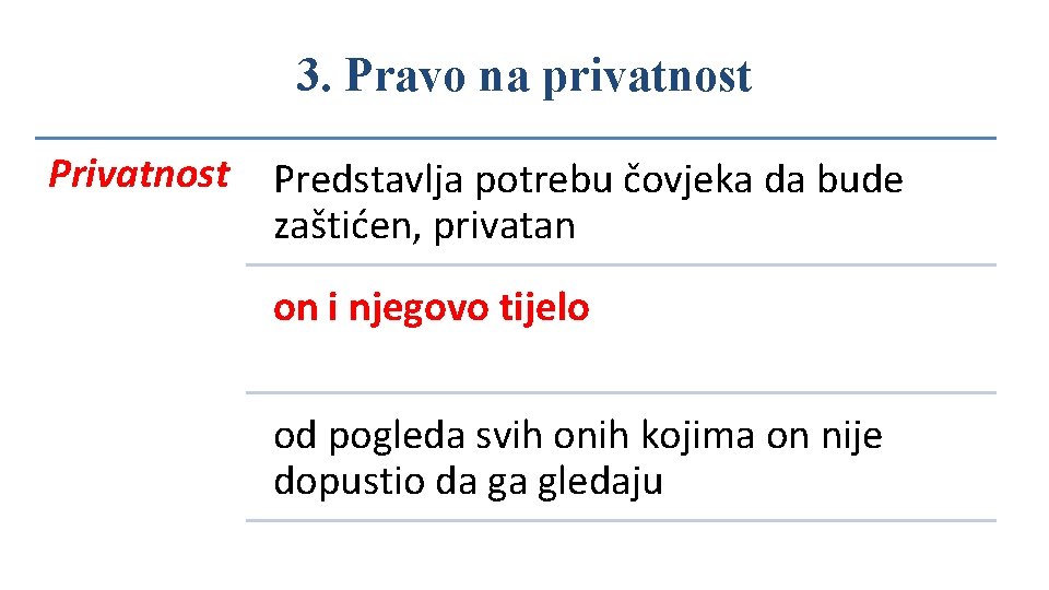 3. Pravo na privatnost Predstavlja potrebu čovjeka da bude zaštićen, privatan on i njegovo