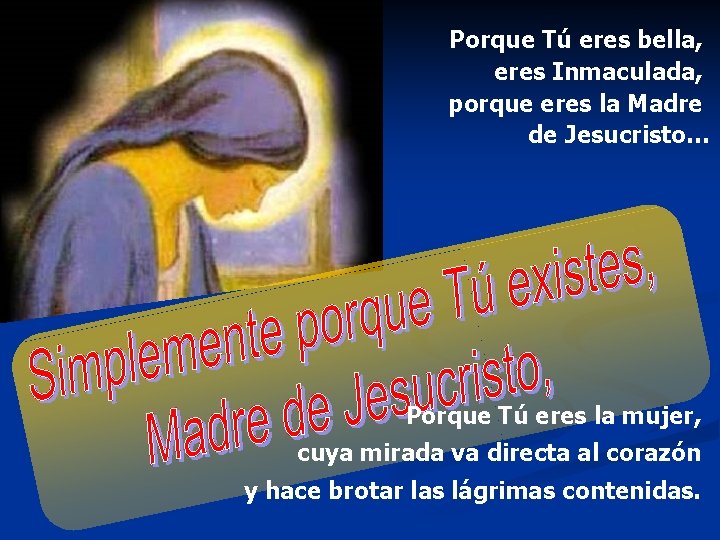 Porque Tú eres bella, eres Inmaculada, porque eres la Madre de Jesucristo… Essere insieme