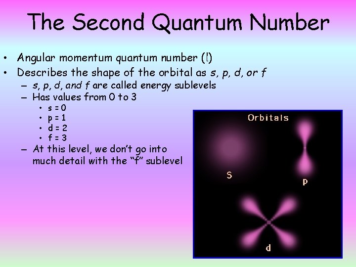 The Second Quantum Number • Angular momentum quantum number (l) • Describes the shape