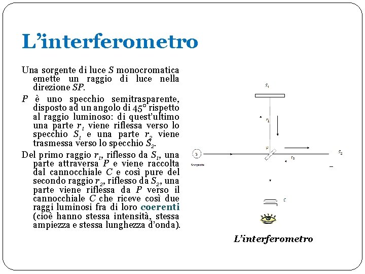 L’interferometro Una sorgente di luce S monocromatica emette un raggio di luce nella direzione