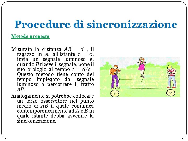 Procedure di sincronizzazione Metodo proposto Misurata la distanza AB = d , il ragazzo