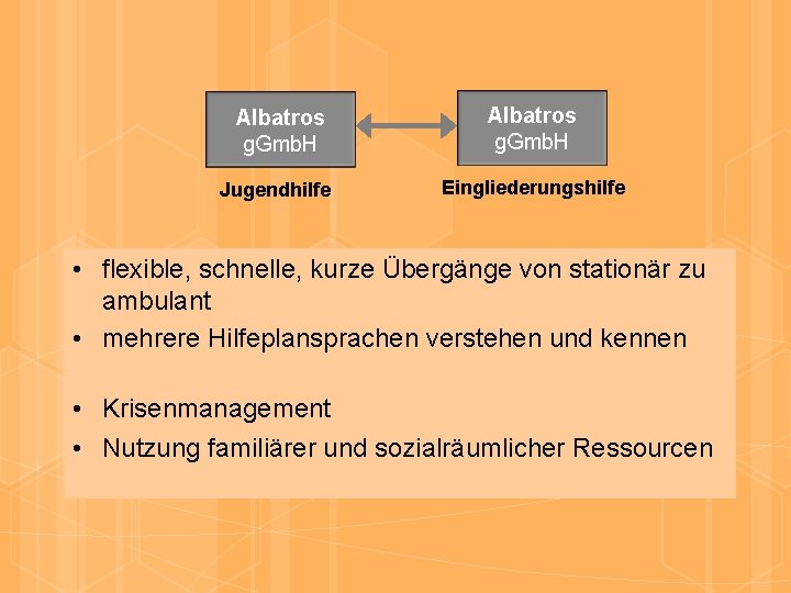 Albatros g. Gmb. H Jugendhilfe Eingliederungshilfe • flexible, schnelle, kurze Übergänge von stationär zu