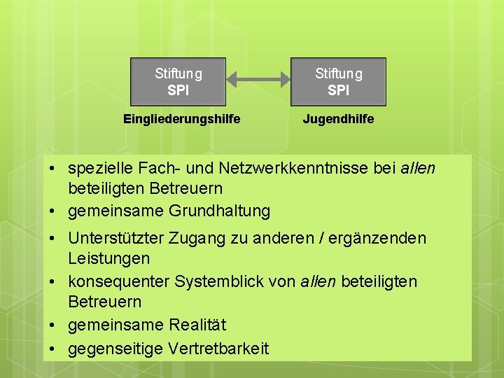 Stiftung SPI Eingliederungshilfe Jugendhilfe • spezielle Fach- und Netzwerkkenntnisse bei allen beteiligten Betreuern •