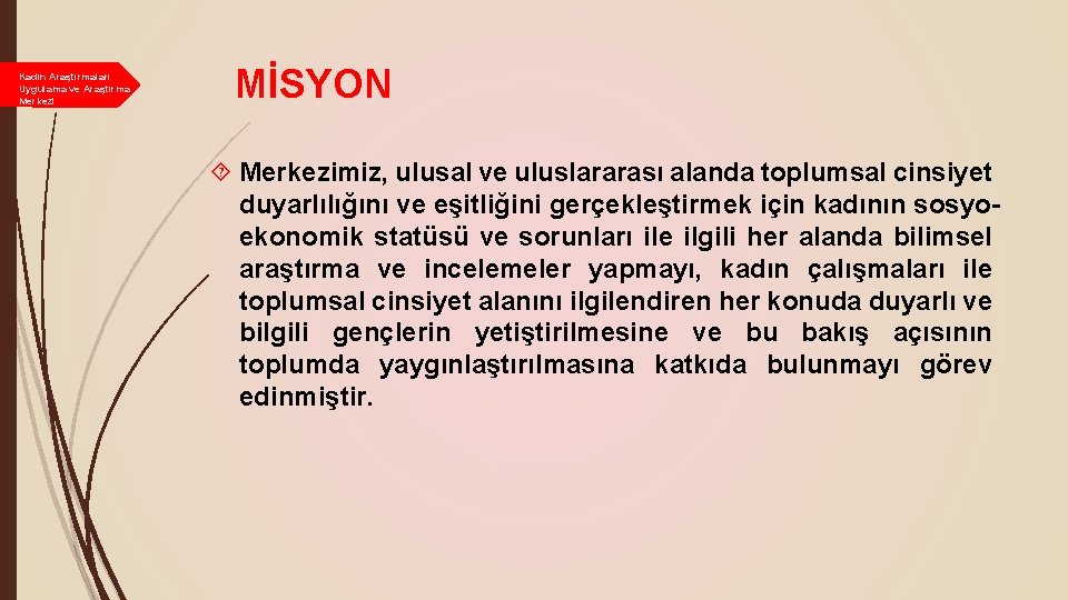 Kadın Araştırmaları Uygulama ve Araştırma Merkezi MİSYON Merkezimiz, ulusal ve uluslararası alanda toplumsal cinsiyet