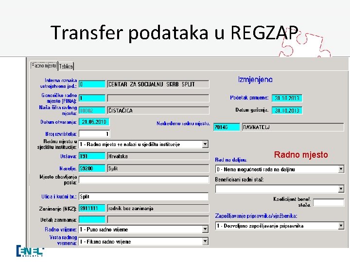 Transfer podataka u REGZAP Radno mjesto 