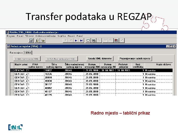 Transfer podataka u REGZAP Radno mjesto – tablični prikaz 