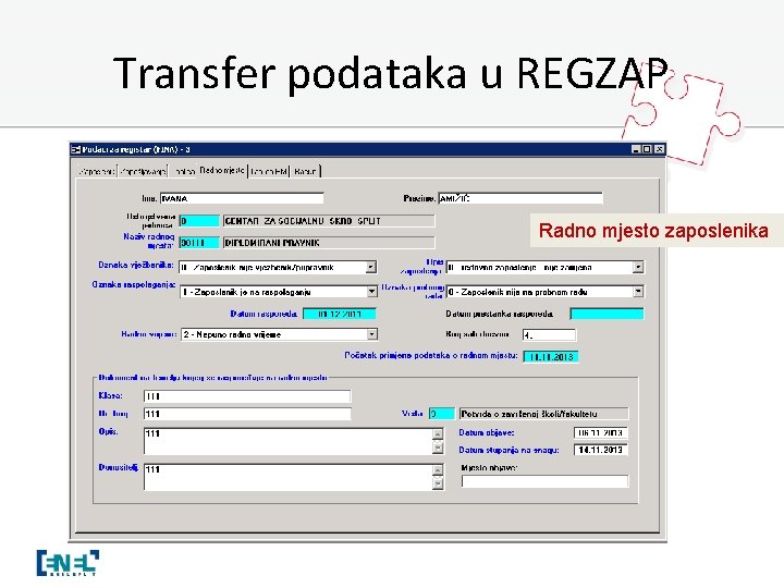 Transfer podataka u REGZAP Radno mjesto zaposlenika 