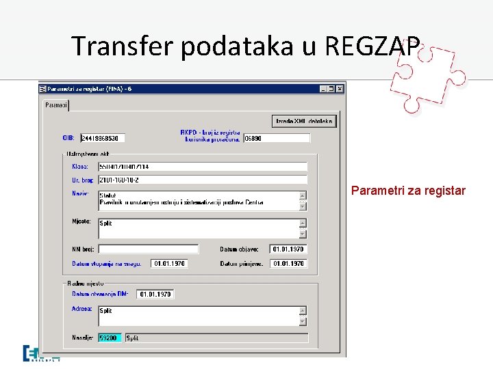 Transfer podataka u REGZAP Parametri za registar 