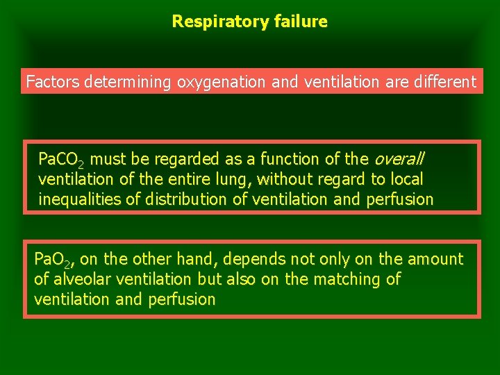 Respiratory failure Factors determining oxygenation and ventilation are different Pa. CO 2 must be