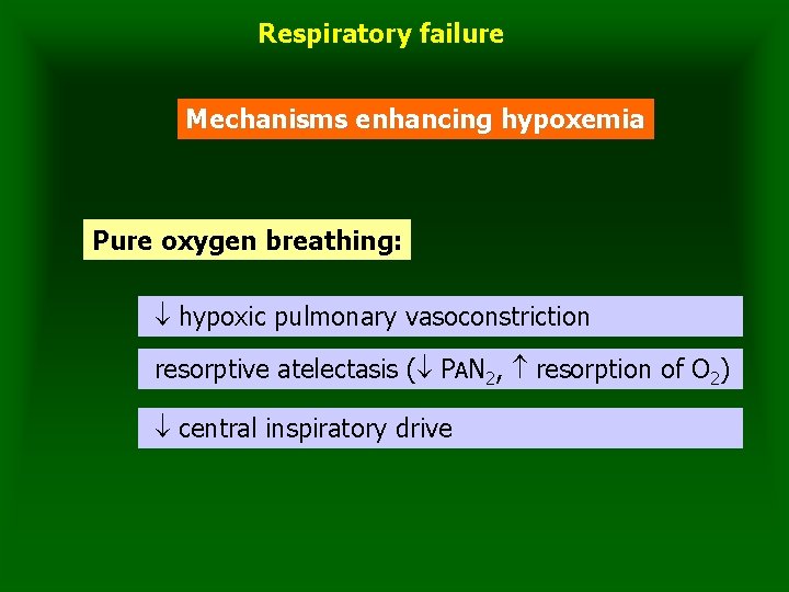 Respiratory failure Mechanisms enhancing hypoxemia Pure oxygen breathing: hypoxic pulmonary vasoconstriction resorptive atelectasis (