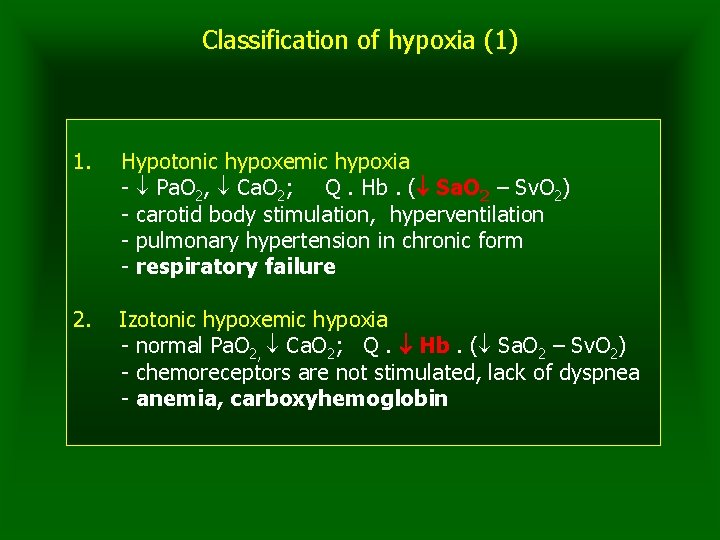 Classification of hypoxia (1) 1. Hypotonic hypoxemic hypoxia - Pa. O 2, Ca. O