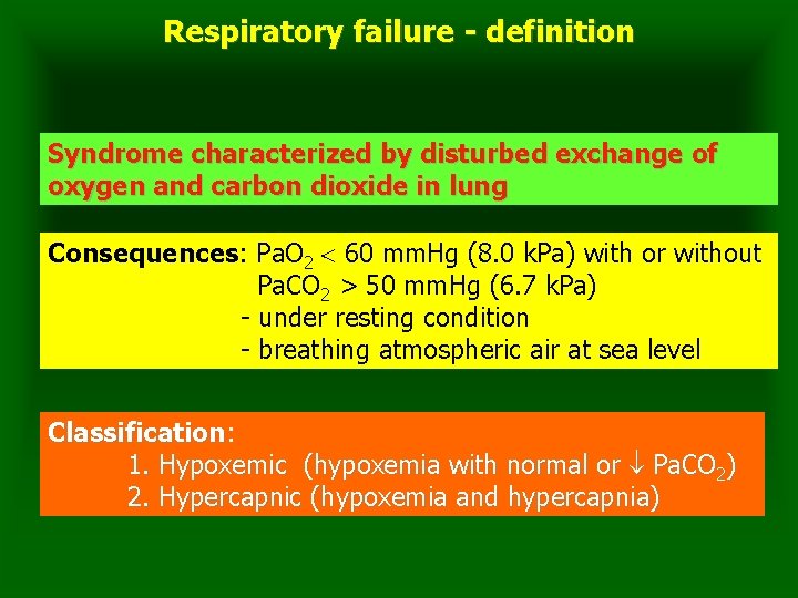 Respiratory failure - definition Syndrome characterized by disturbed exchange of oxygen and carbon dioxide