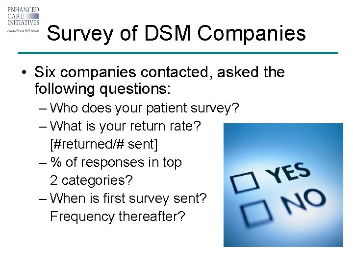 Survey of DSM Companies • Six companies contacted, asked the following questions: – Who