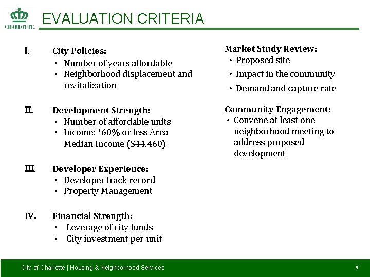 EVALUATION CRITERIA City Policies: • Number of years affordable • Neighborhood displacement and revitalization