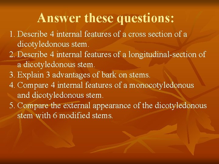 Answer these questions: 1. Describe 4 internal features of a cross section of a