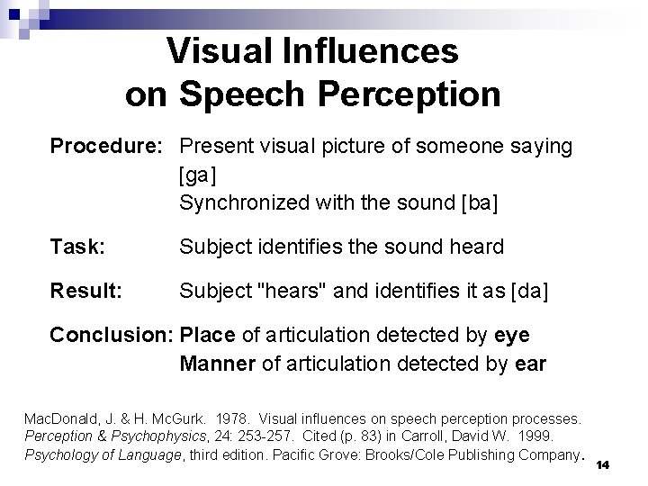 Visual Influences on Speech Perception Procedure: Present visual picture of someone saying [ga] Synchronized