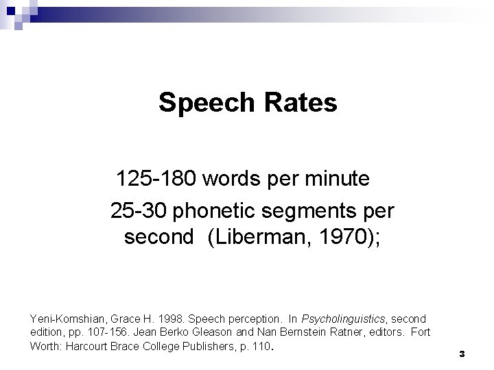 Speech Rates 125 -180 words per minute 25 -30 phonetic segments per second (Liberman,