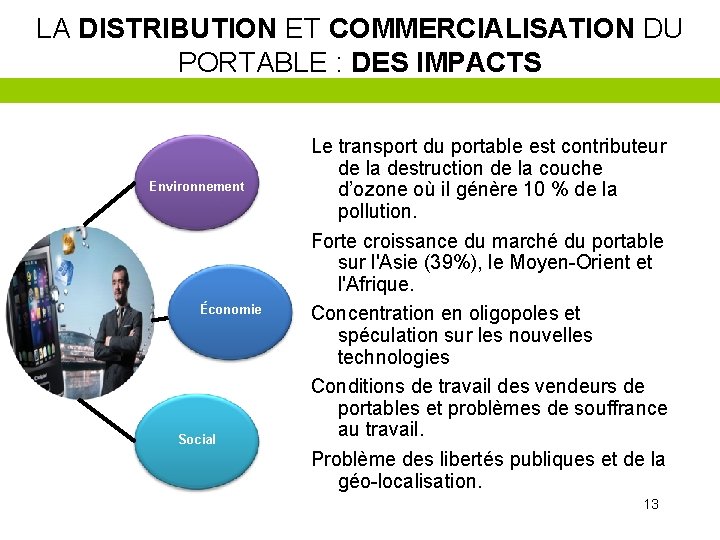 LA DISTRIBUTION ET COMMERCIALISATION DU PORTABLE : DES IMPACTS Environnement Économie Social Le transport