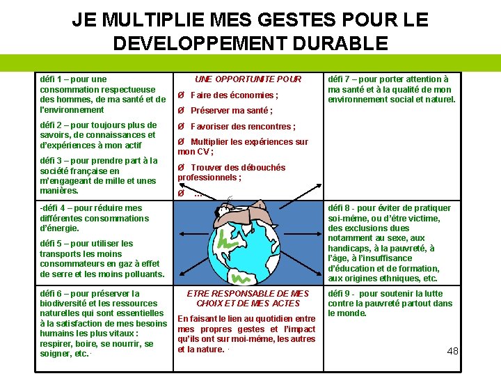 JE MULTIPLIE MES GESTES POUR LE DEVELOPPEMENT DURABLE défi 1 – pour une consommation