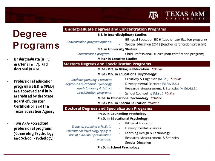 Degree Programs • Undergraduate (n= 3), master’s (n= 7), and doctoral (n= 6) •