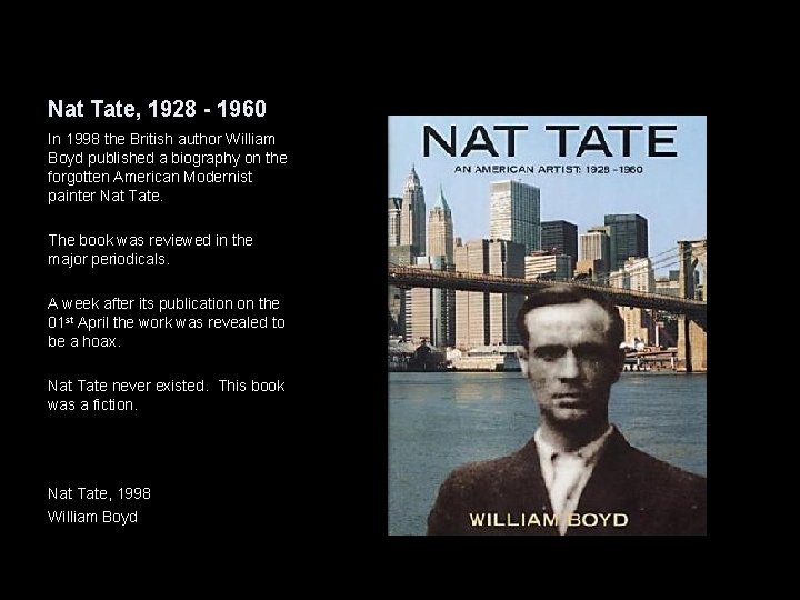 Nat Tate, 1928 - 1960 In 1998 the British author William Boyd published a