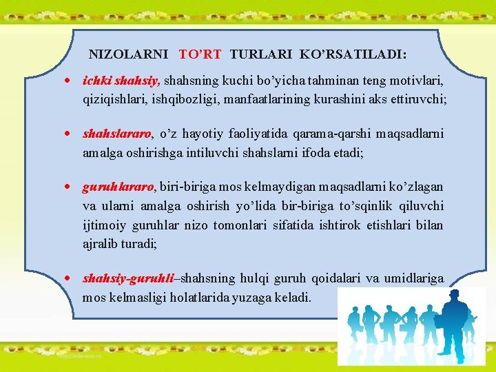 NIZOLARNI TO’RT TURLARI KO’RSATILADI: ichki shahsiy, shahsning kuchi bo’yicha tahminan teng motivlari, qiziqishlari, ishqibozligi,