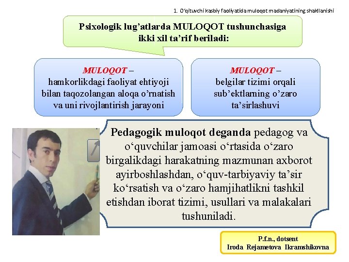 1. O‘qituvchi kasbiy faoliyatida muloqot madaniyatining shakllanishi Psiхоlоgik lug’аtlаrdа MULОQОT tushunchаsigа ikki хil tа’rif