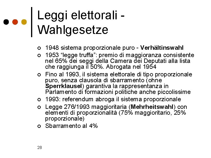 Leggi elettorali Wahlgesetze ¢ ¢ ¢ 28 1948 sistema proporzionale puro - Verhältinswahl 1953