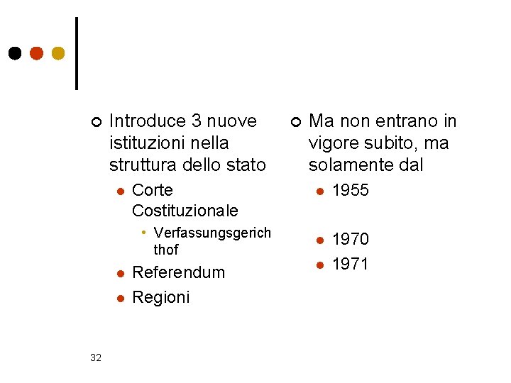 ¢ Introduce 3 nuove istituzioni nella struttura dello stato l Corte Costituzionale • Verfassungsgerich