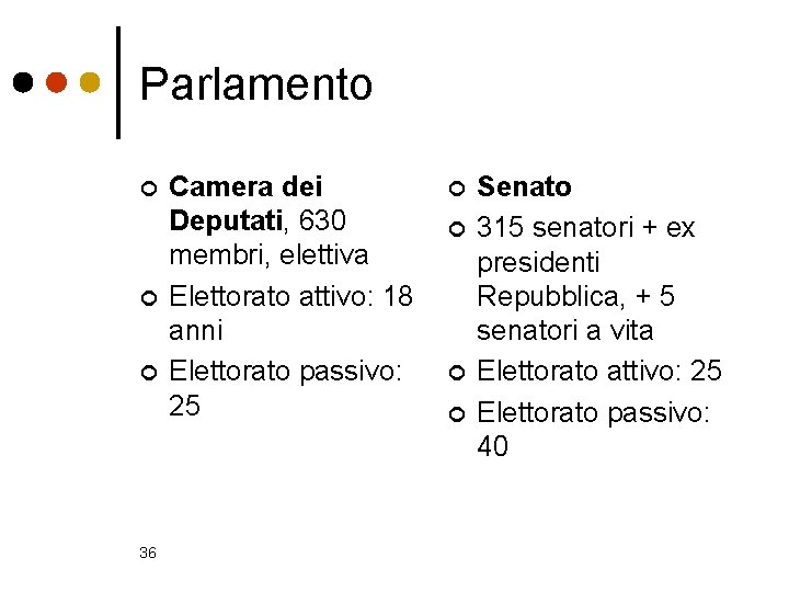 Parlamento ¢ ¢ ¢ 36 Camera dei Deputati, 630 membri, elettiva Elettorato attivo: 18