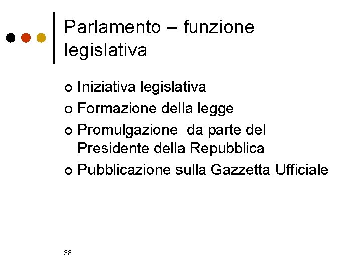Parlamento – funzione legislativa Iniziativa legislativa ¢ Formazione della legge ¢ Promulgazione da parte